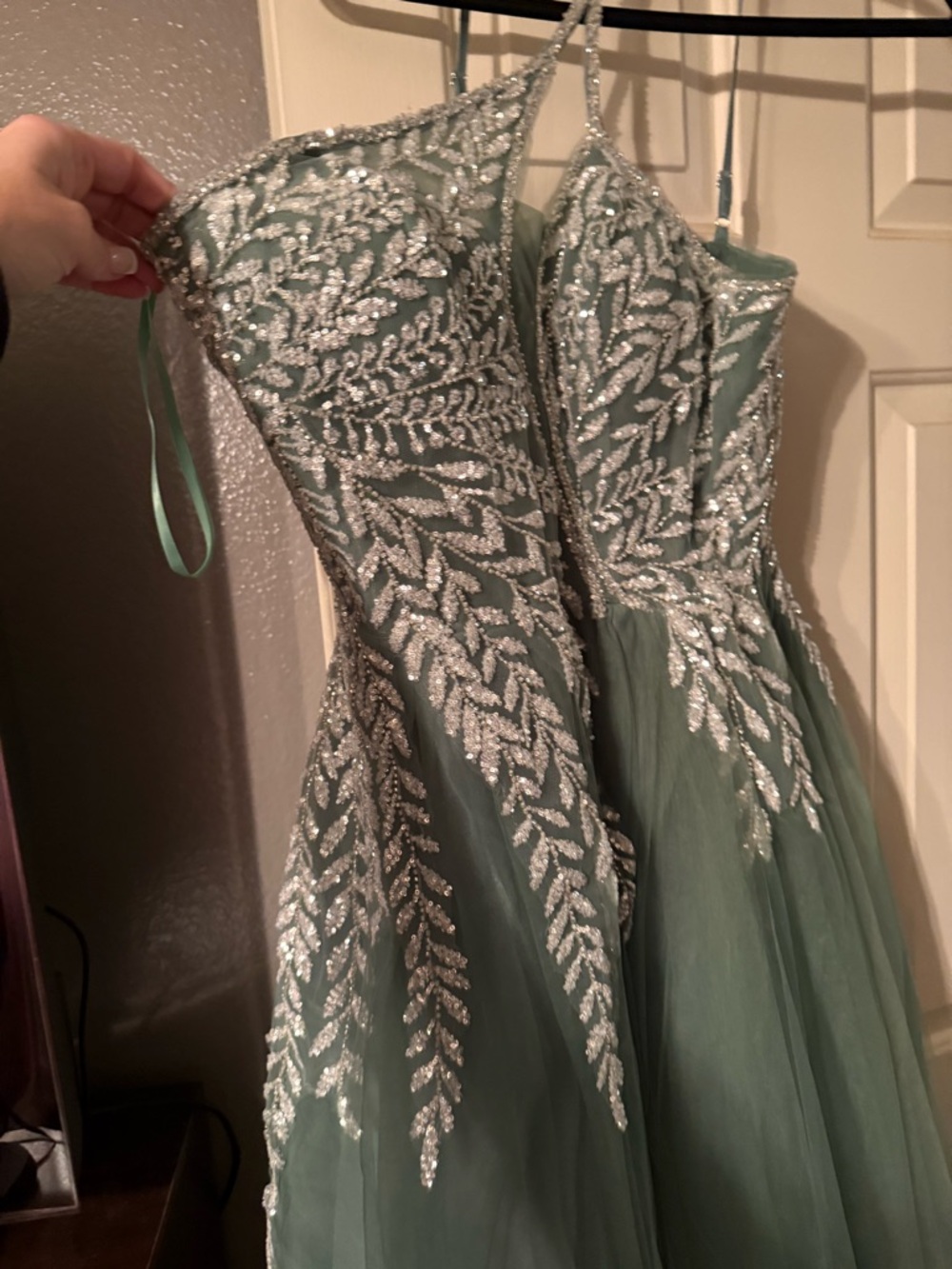 Sage Green Tulle Prom Dress with Silver Sequin Leaf Appliqué